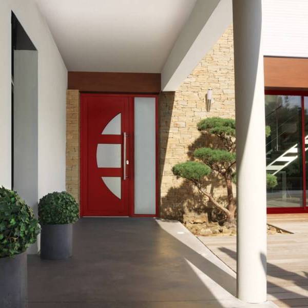 installation de Porte d'entrée aluminium tiercé de couleur rouge avec barre de tirage horizontale a avignon 84000 vaucluse